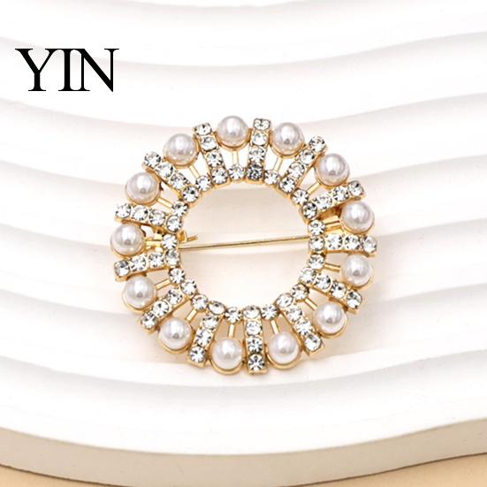 Rhinestone Ring Brooch Faux Pearl Brooch, Hollow Circle Alloy Lapel Pin, Elegant Clothing Jewelry Sweater Cardigan Coat Suits Accessories, Gift