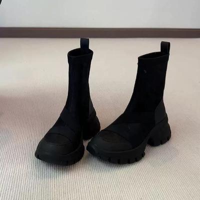 Elastic Boots 2026 Spring and Autumn Round Toe Retro Patchwork Sports Short Boots for Women To Look Slim and Versatile Sock Boot