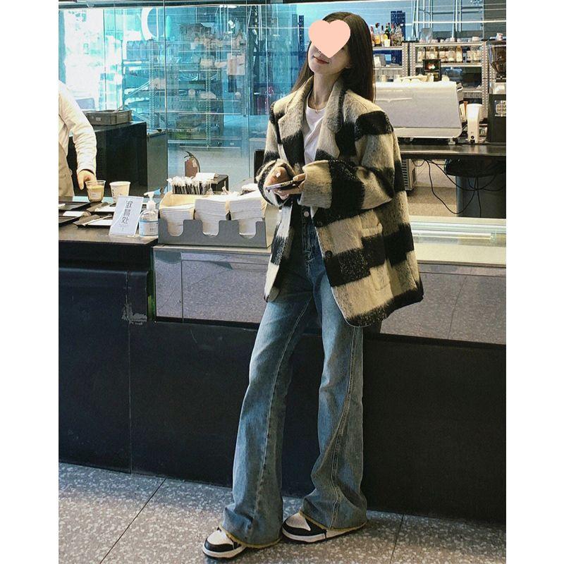 Женское ретро шерстяное пальто в клетку - Осенне-зимний приталенный костюм средней длины S (80-90 lbs)