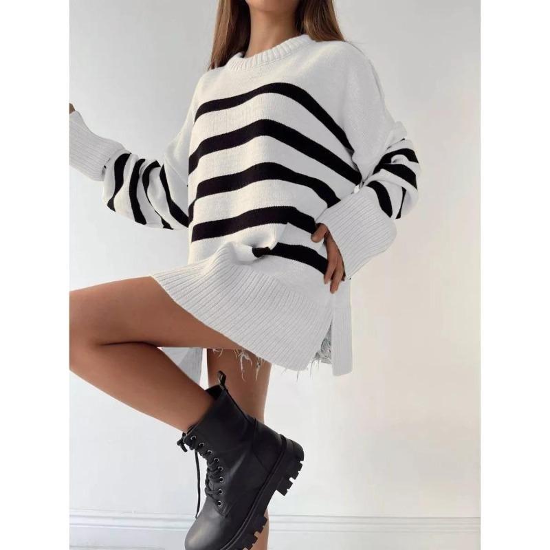 Women's Knitted Sweater Pullover Autumn and Winter New Casual Striped Loose Crew Neck Sweater Jacket Women