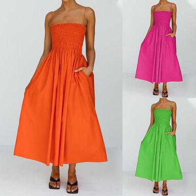 FD1196 Summer 2025 Women's High Waist Spaghetti Strap Cotton Linen Dress - Fashionable & Elegant