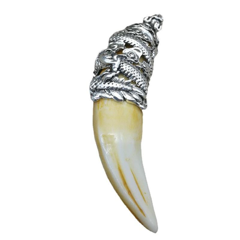 Chinese Antique Boars Tooth Wild Hog Silver Dragon Protective Talisman Pendant