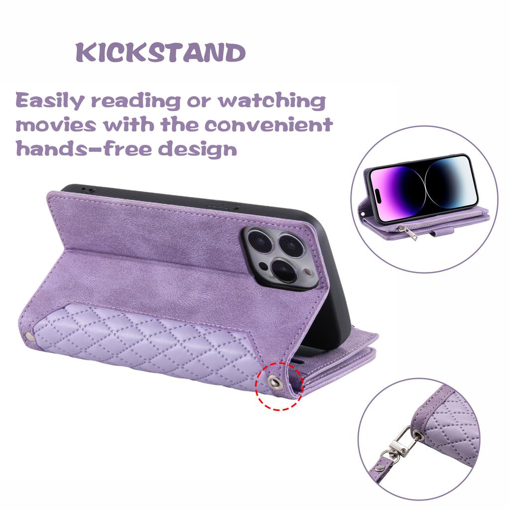 Style 005 For iPhone 16 Pro Zipper Wallet Case Rhombus Stitching Line PU Leather Phone Cover