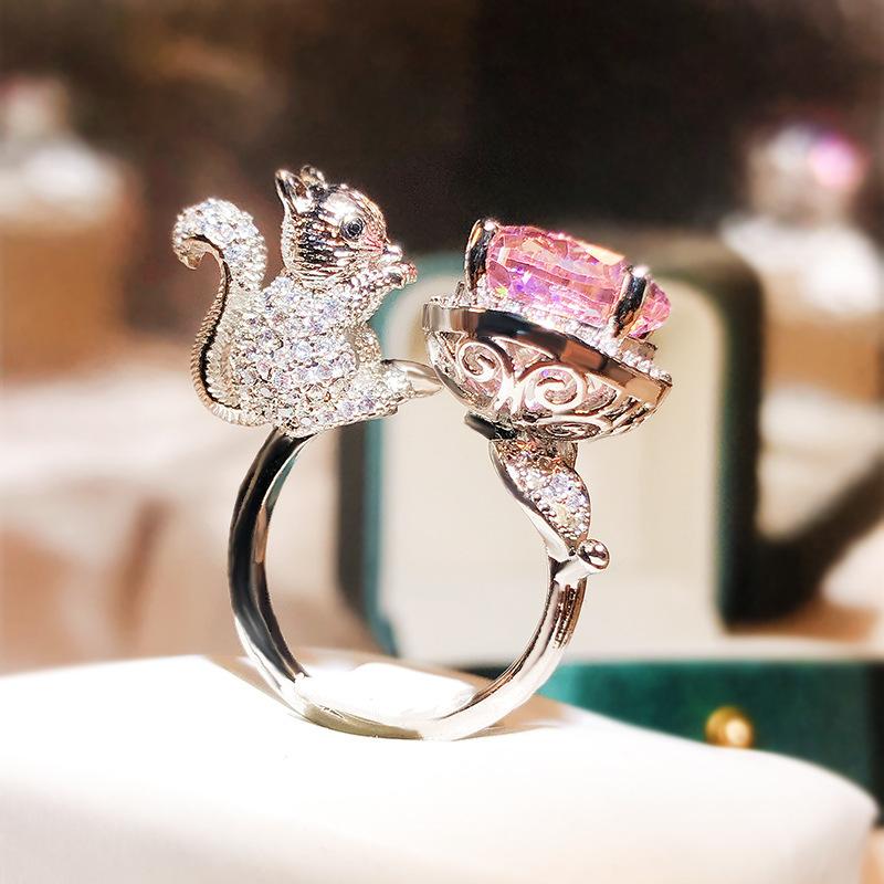 Little Squirrel Pink Diamond Sugar Cube Ring Personalized Haute Couture Design Colorful Treasure Live Birthday Gift