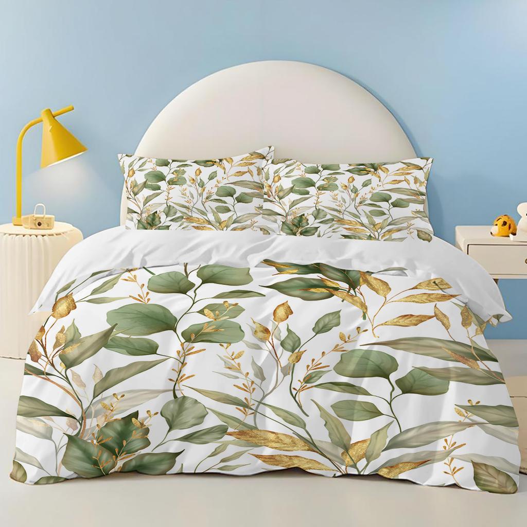 Green plants Palm leaves 100% PolyesterAnime Printed Bedding Set Duvet Cover Queen Cotton Cute Printed Cartoon Quilt Cover