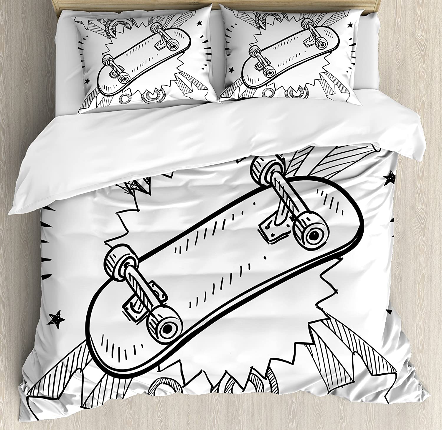

Skull Duvet Cover Skateboard Human Skull with Skateboard Print for Kids Boys Teens Room Decor Extreme Sport Theme Quilt Cover 140x210cm 2pcs