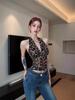 Spicy Girl Leopard Print Mesh V-Neck Halter Crop Top with Rhinestones – Slimming Summer Style