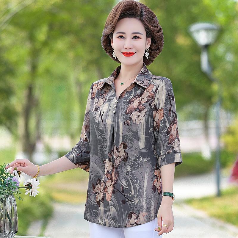 

Свободная рубашка больших размеров для женщин среднего и пожилого возраста, повседневная рубашка с воротником-стойкой и принтом S