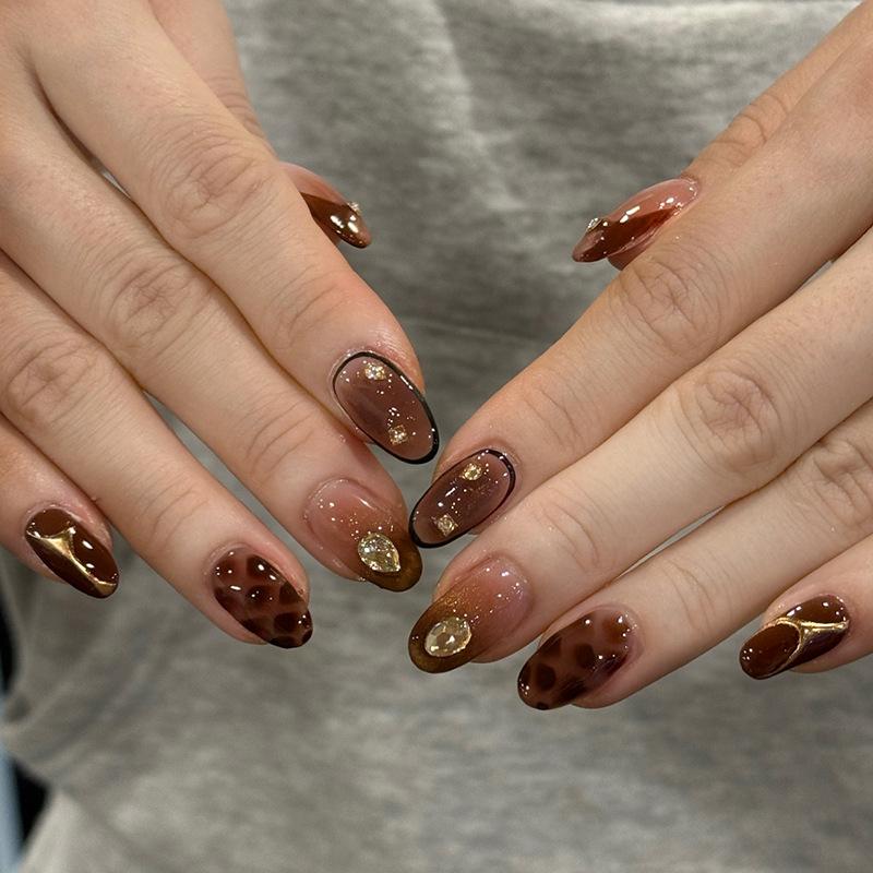 Bright gold-brown shining diamond French cat cat eye temperament white European and American style removable manicure 30 pieces