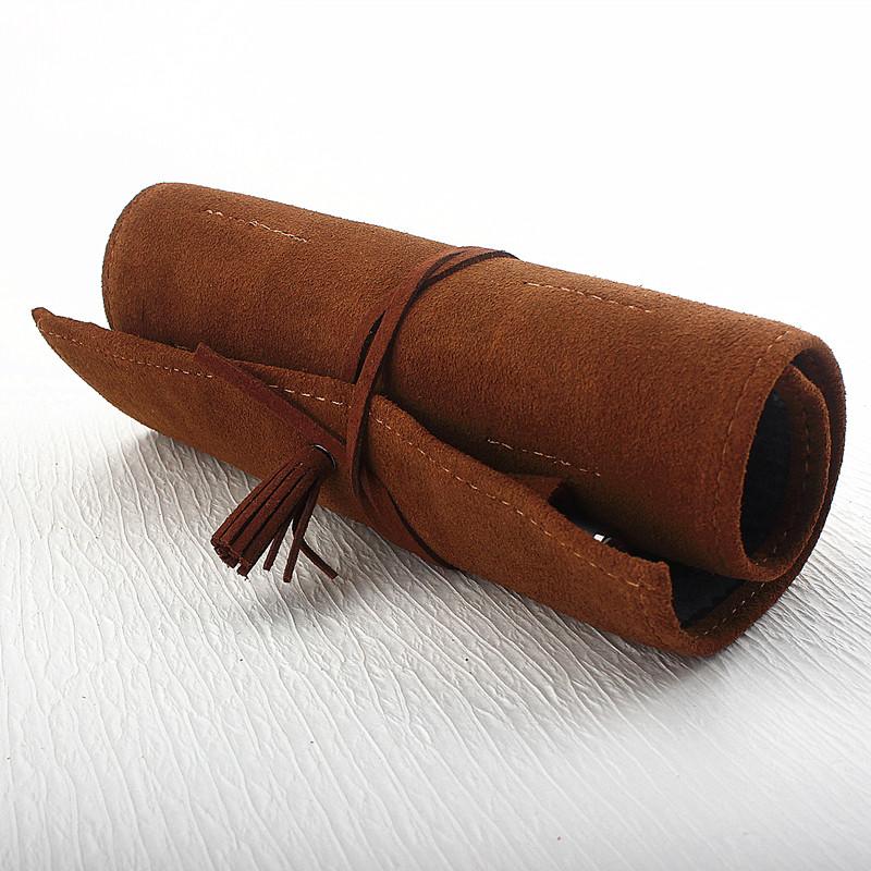 Retro Pencil Case Handmade Genuine Leather Roll Up Pen Curtain Bag Pouch Wrap Holder Stationery School Supplies