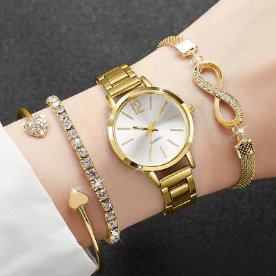 4 pz/set Orologio al quarzo da donna elegante di lusso leggero Orologio al quarzo stile sportivo casual con bracciale (Scatola non inclusa)