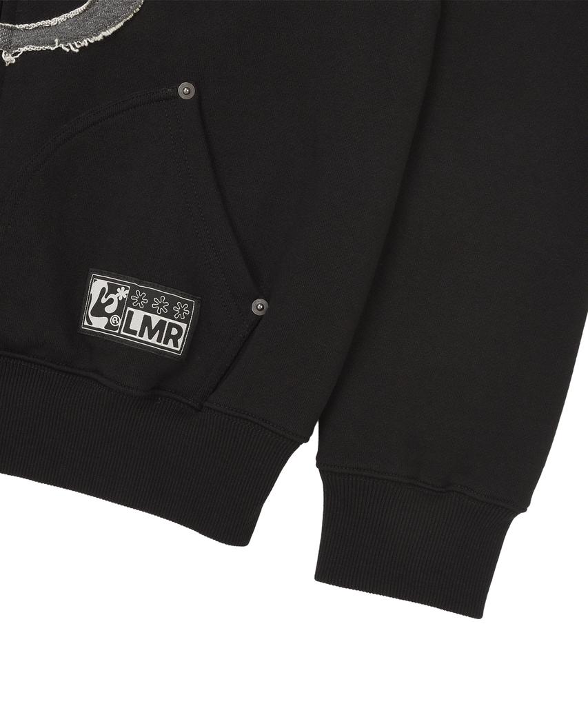 Lmr Cat Symbol Patchwork Crop Zip-Up Hoodie Black