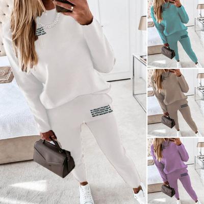 2 Pcs/Set Women Tracksuit Elastic Waist Letter Print Long Sleeves Crew Neck Pockets Warm Casual Pullover