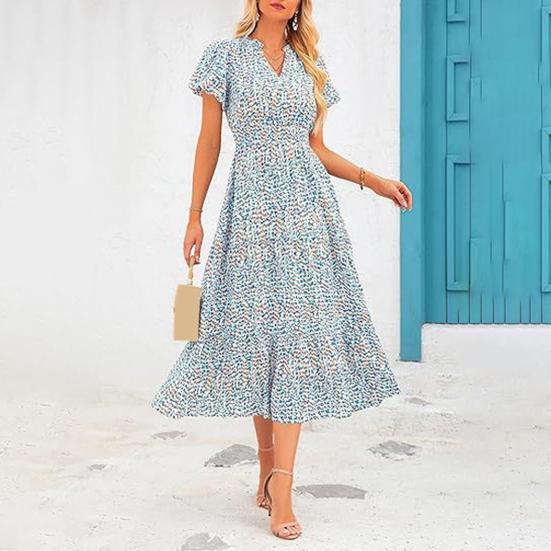 Vestido de mujer V Big Swing Flor Manga de burbuja Cuello pequeño Estampado corto Línea A Cintura alta