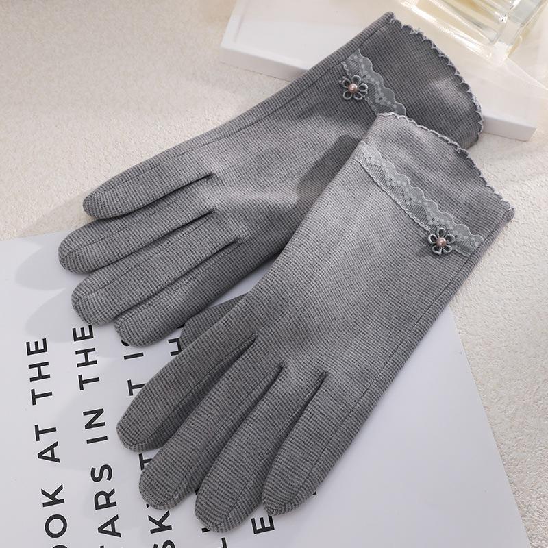 Warm Gloves Single Layer Women's Elegant Lace Houndstooth Outdoor Riding Cold Proof and Wind Proof Touch Screen Autumn and Winter Gloves