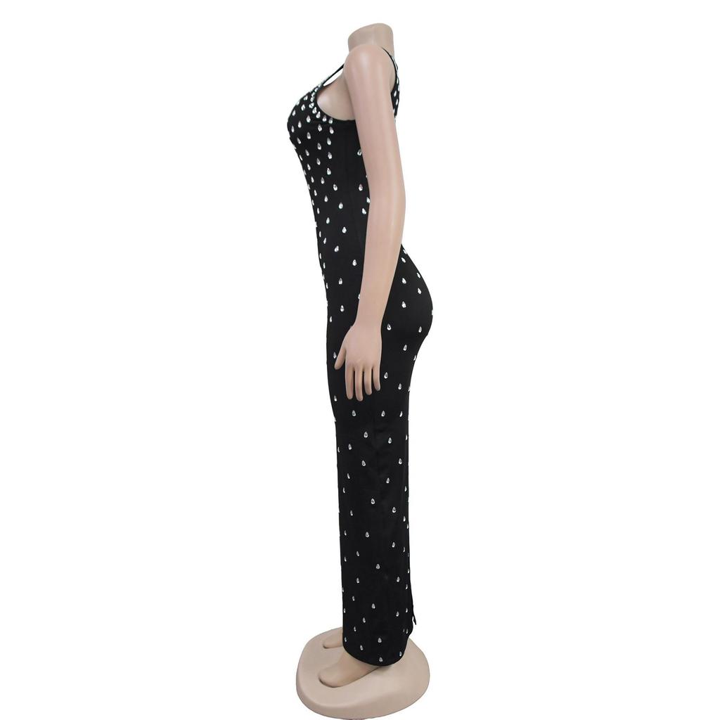 C7117 Fashion Women's Sleeveless U-neck Bodycon Dress with Hot Drilling, European and American Style.
