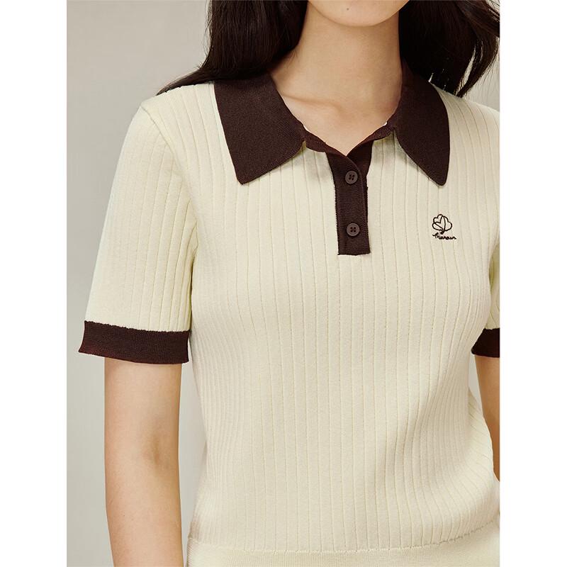 INMAN Women's Color Block Polo Collar Short Sleeve Knit Top