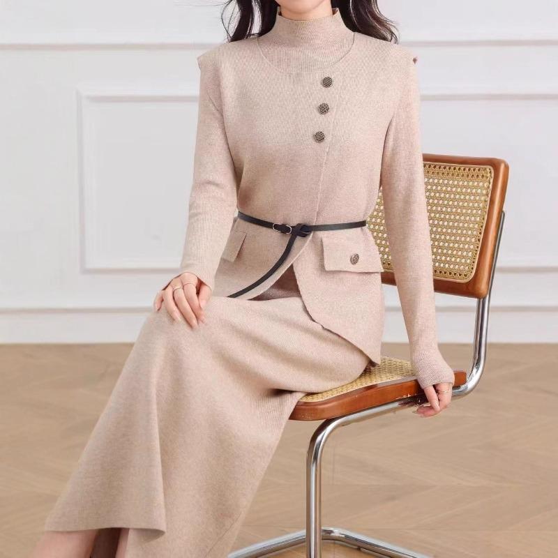 Fashion trend knitted vest dress two-piece set autumn and winter new temperament elegant wind sweater suit women