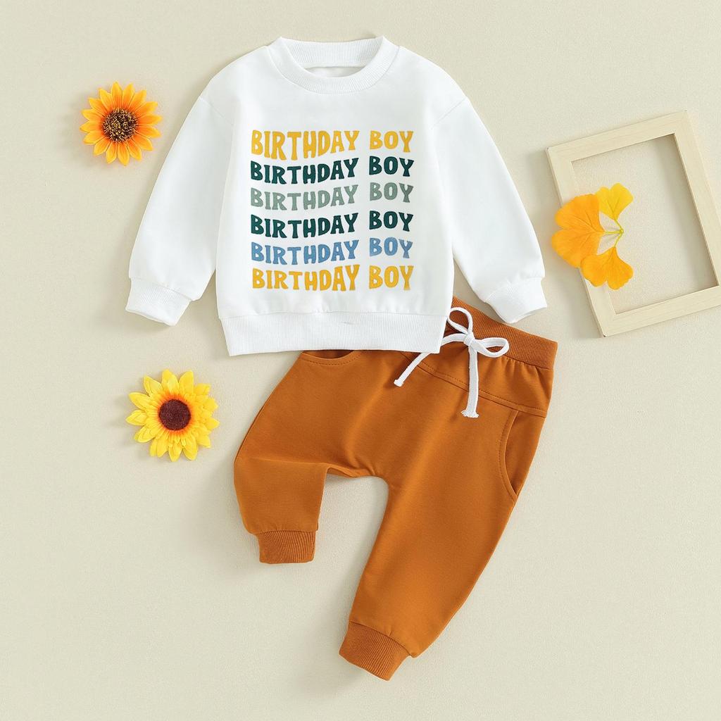 Toddler Boys Birthday Outfits 6M 12M 18M 24M 3Y Letter Print Long Sleeve Sweatshirts and Solid Color Long Pants 2Pcs Clothes Set