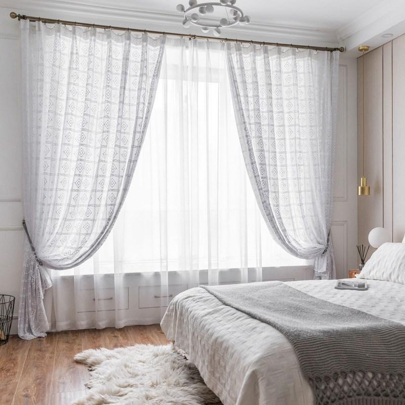 

Polyester Cotton White Translucent Retro Hollow Out Curtain Finished North American Rural Fabric Floor Screen Bedroom Curtain W100 x H180cm&Threading Rod