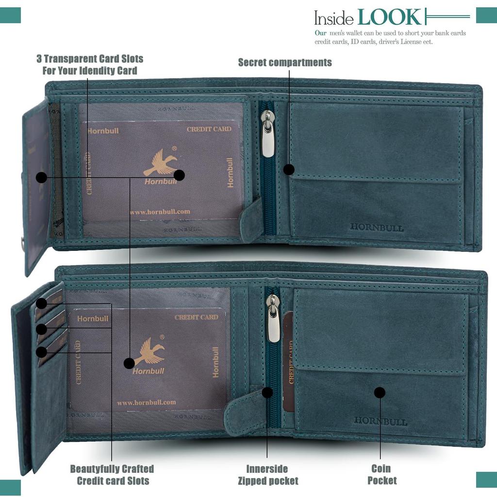 Denial Hunter Aqua Leather Wallet for Men | Leather Mens Wallet with RFID Blocking | Wallets Men Leather