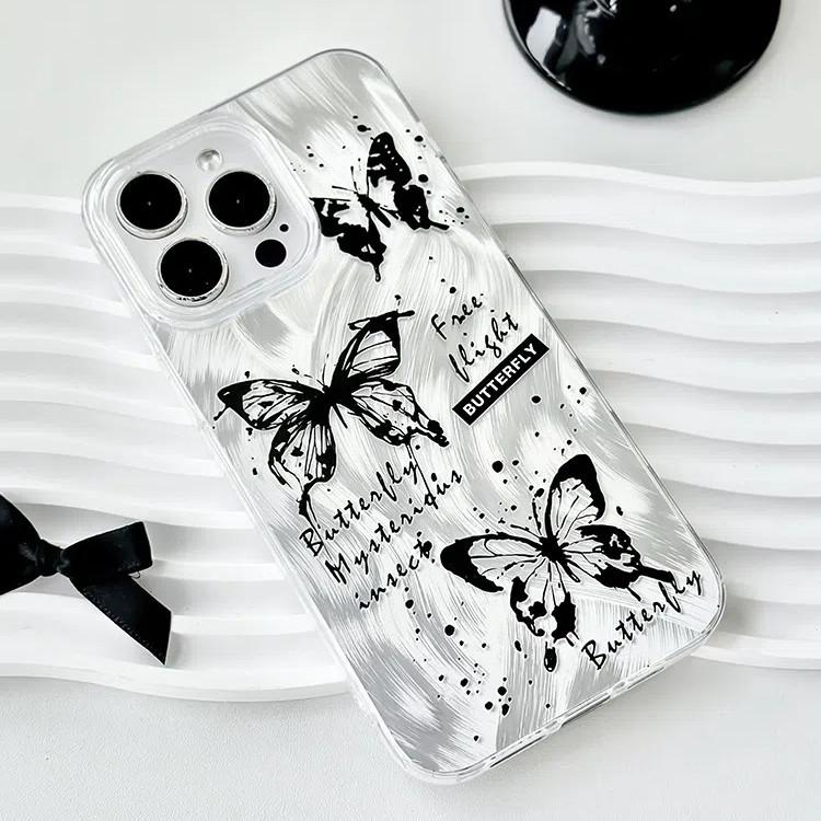 Large Hole Transparent Phone Case Compatible and Suitable for iPhone15 14 13 12 11promax xsmax xr 7 8plusSE Elegant Black Butterfly