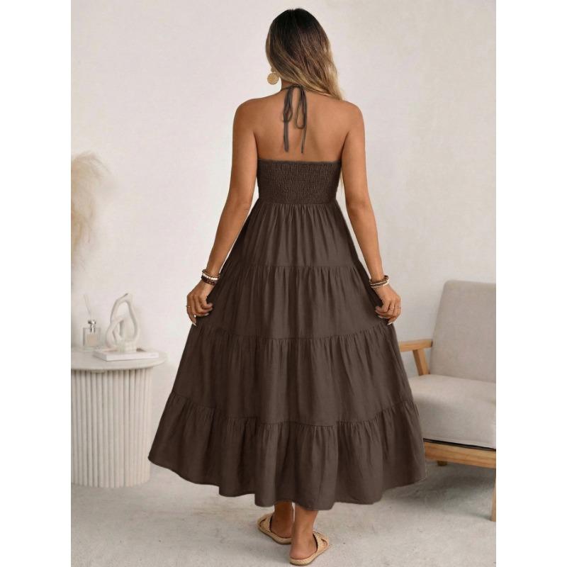 2026 Summer Hanging NeckPleated Elasticity Dress Loose Vacation Style A-line Dress Fashion Backless Slim Fit Sweet Dress Solid Color Clothing