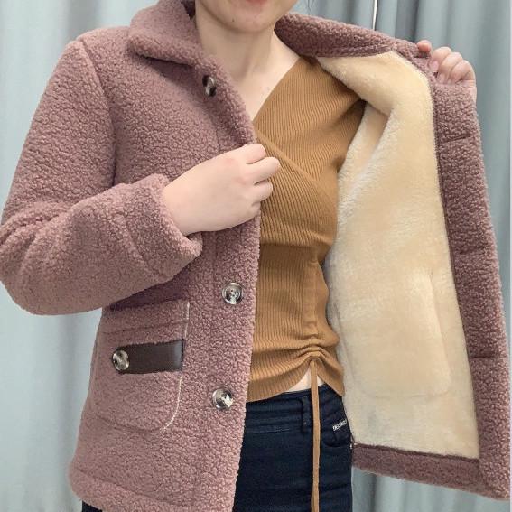 Lambswool Faux Fur Lined Loose Fit Mid-Length Women's Winter Coat, 2025 Autumn/Winter Collection