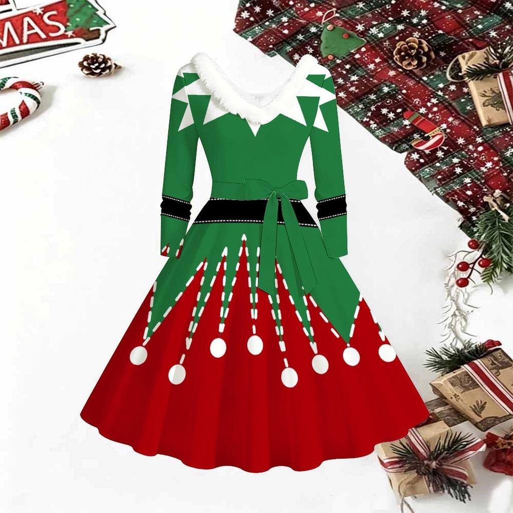 Women Christmas Print Midi Dress, Long Sleeve V‑Neck Furry Trim A‑Line Party Dress, Christmas Limited Edition