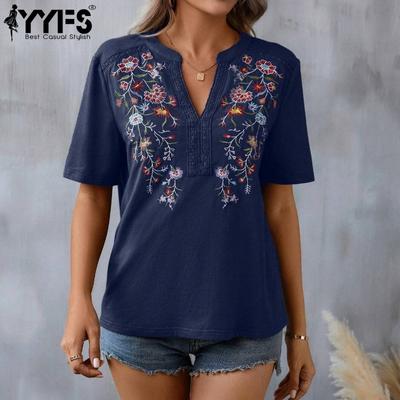Camicette e camicie con stampa a fiori primaverili estivi casual alla moda da donna, maniche a mezza manica e scollo a V