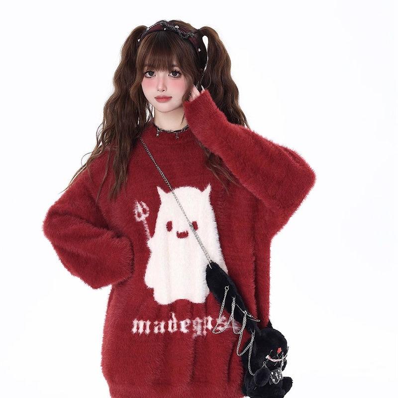 Ghost Pattern Red Women's Sweater Christmas Oversized Round Neck Knitted Shirt Loose Winter Fashion Woman Long Sleeved Top