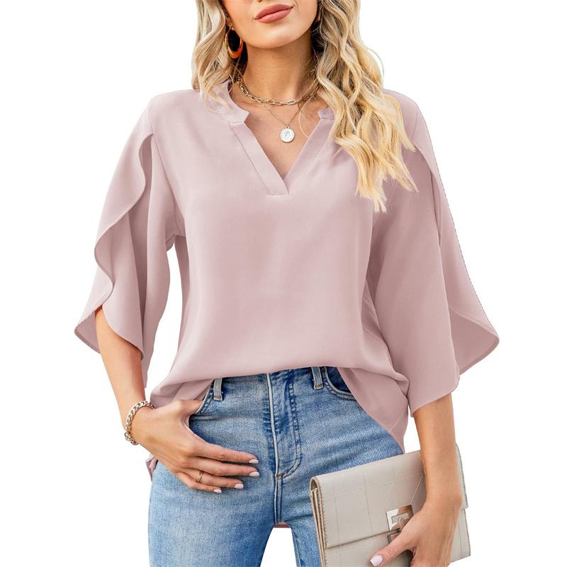Spring and Summer Women Chiffon Blouses Shirts Lady Casual Short Flare Sleeve V-Neck Loose Blouse Tops