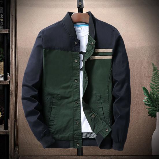 Autumn Men Jacket Color Block Stand Collar Single Breasted Slim Fit Ribbed Cuff Coat Streetwear