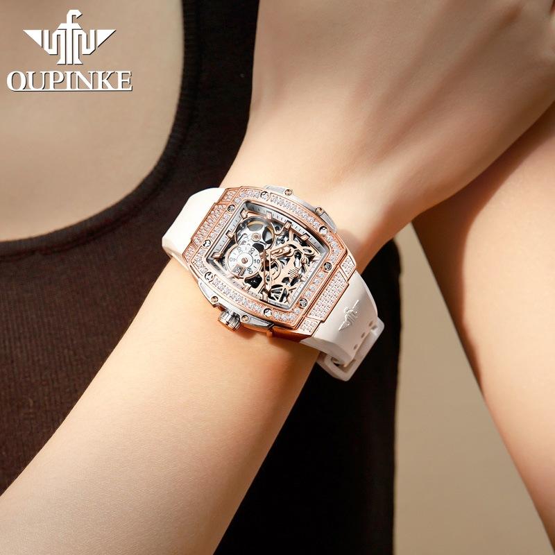 OUPINKE Watches, Skeletonized Bar-shaped Silicon Automatic Mechanical Rubber Waterproof Ladies' Watches