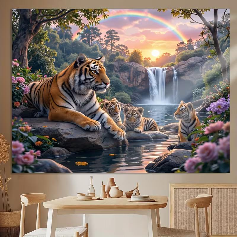2D Jungle Tiger Tapestry Nature Waterfall Sunset Backdrop Cloth for Living Room Party