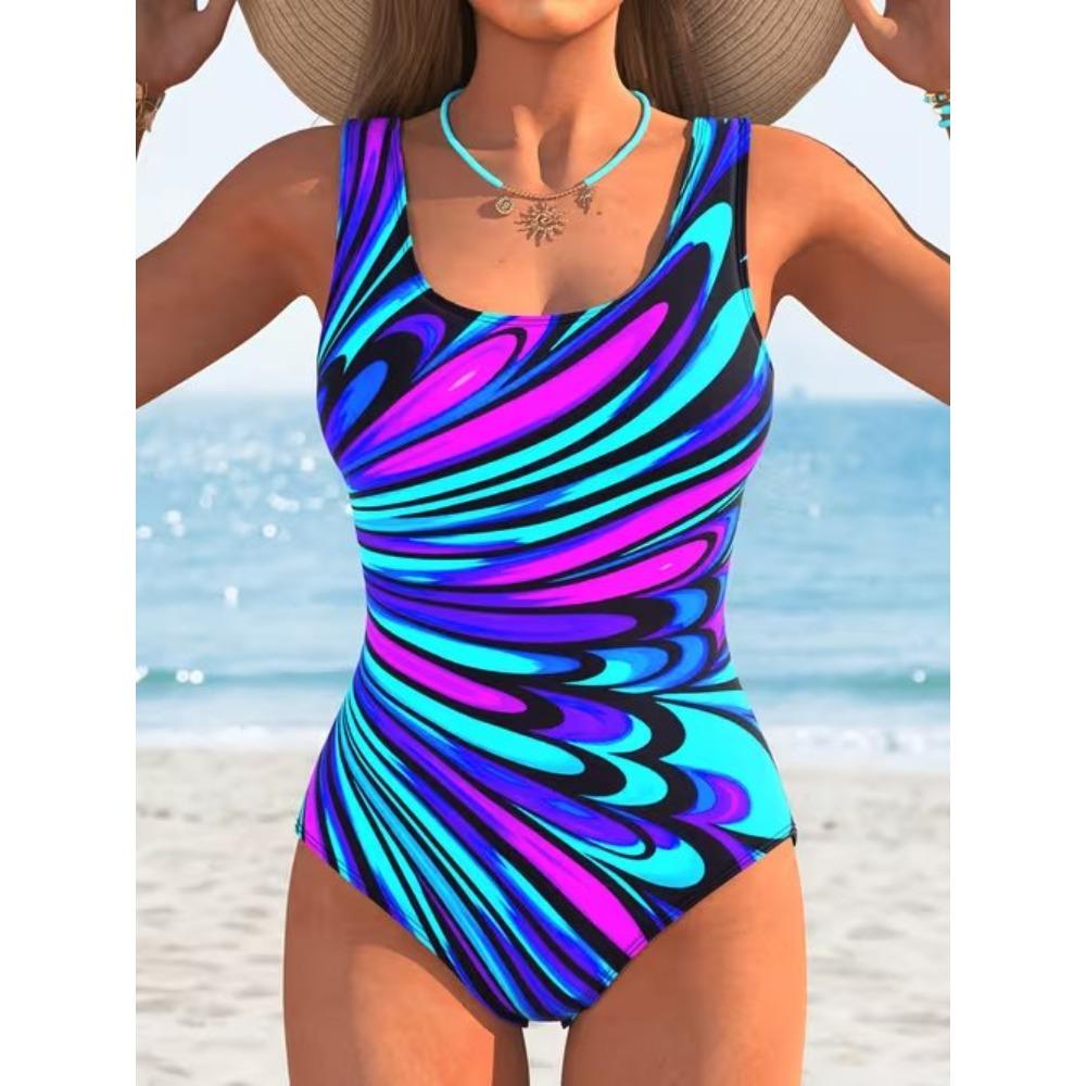 Sommer Sexy Abstraktes Muster Gedruckter Einteiler Badeanzug Schlanke Passform und Schlankmachend, Tiefes U-Rücken Design, Strand Pool Urlaub Auffälliger Mode Badeanzug