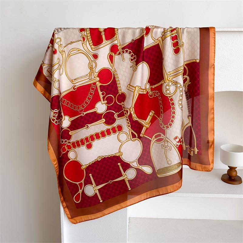 European and American style chain small square scarf simulation silk printing silk scarf headscarf women's spring and summer scarf neck protection sca