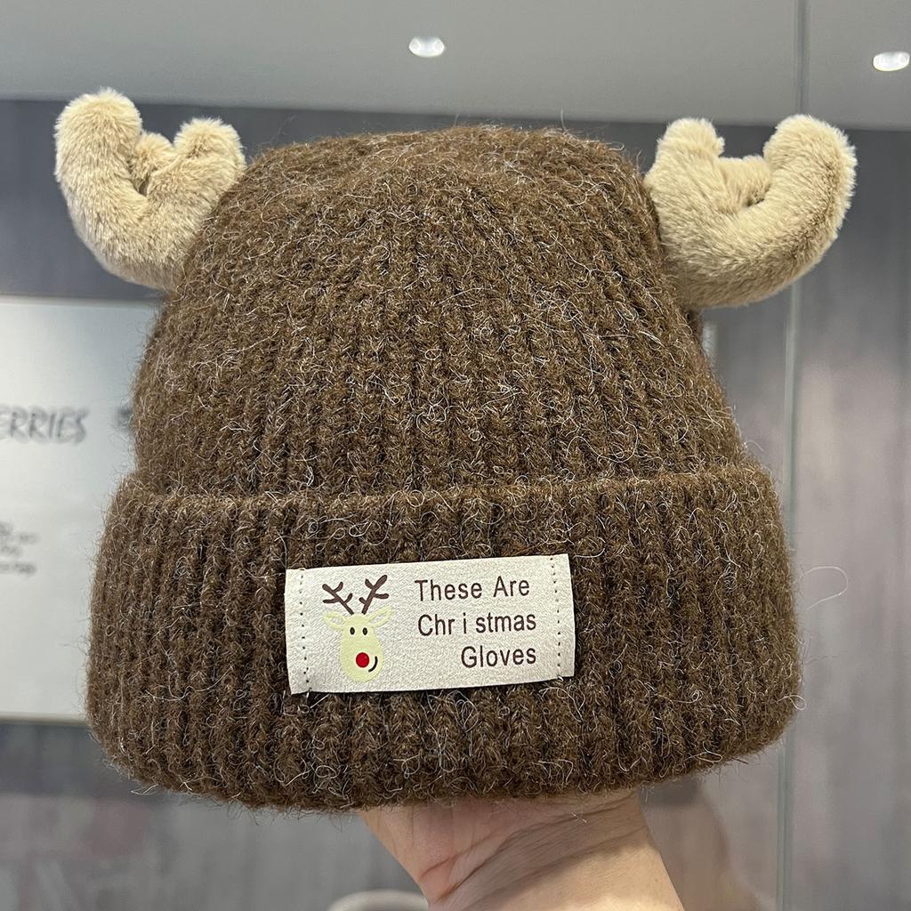 Sweet and cute antler patch letter knitted wool hat women's autumn and winter double-layer thickened cold-proof and warm bald hat
