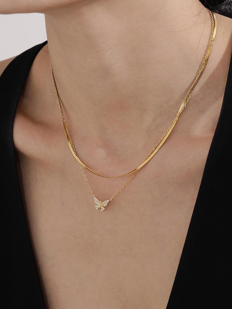 Oumaka Butterfly Zircon Clavicle Necklace & Bracelet Set - 5A Quality, Stainless Steel, Individual Design