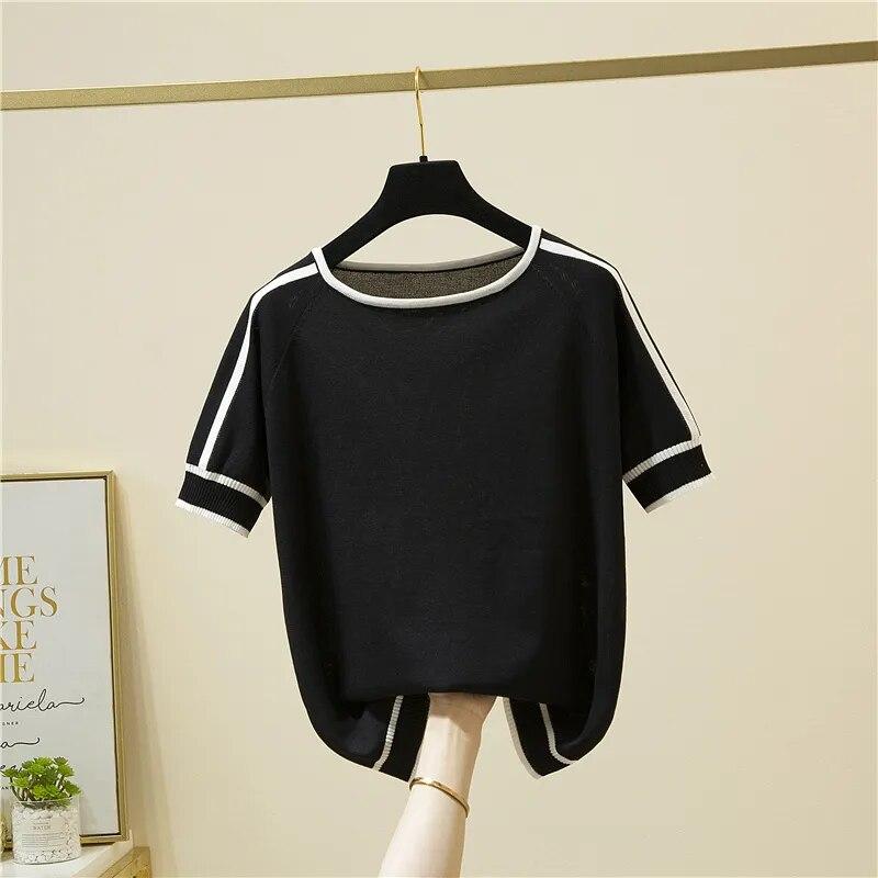 Casual Thin Knitted T-Shirt  Summer Short Sleeve Tops Elegant Woman Clothes Striped Fashion Tee Shirt