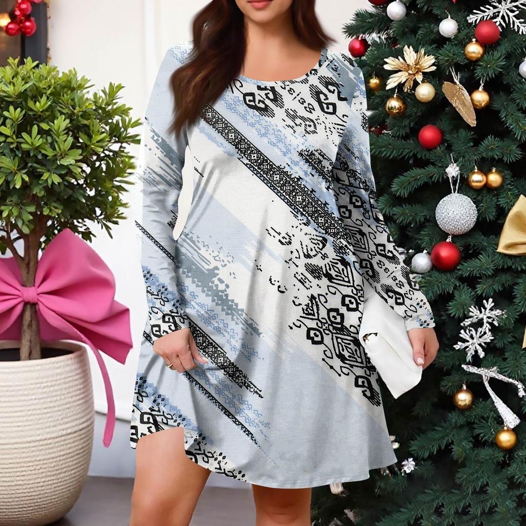 Plus Size Women's Gradient Print Casual Spring/Autumn Pocket Round Neck Long Sleeve Dress