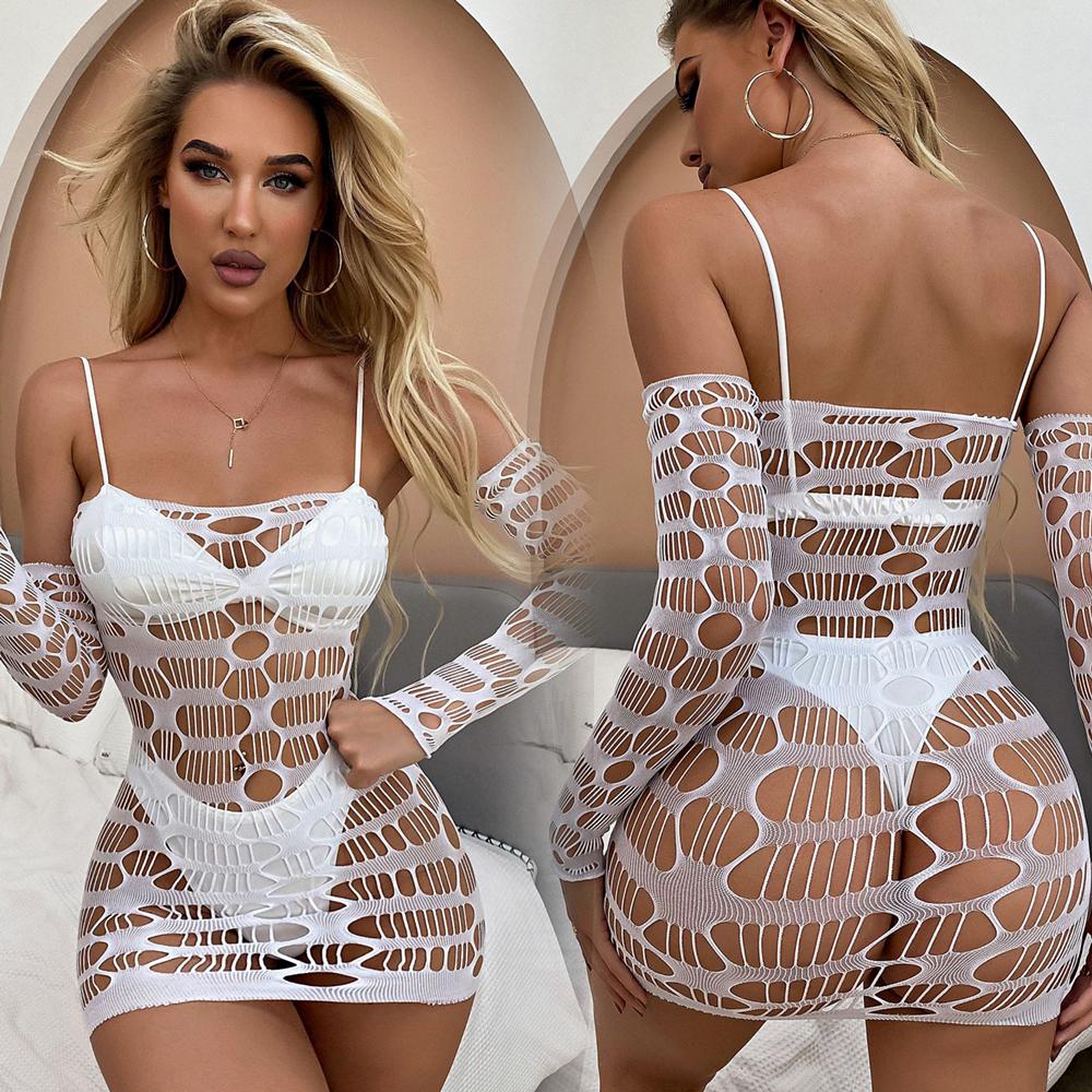 Sexy Red Dress Lingerie Cover Up Fishnet Hollow Out Mesh Perspective Dress Transparent Woman Nightdress Beachwer Party Clothes