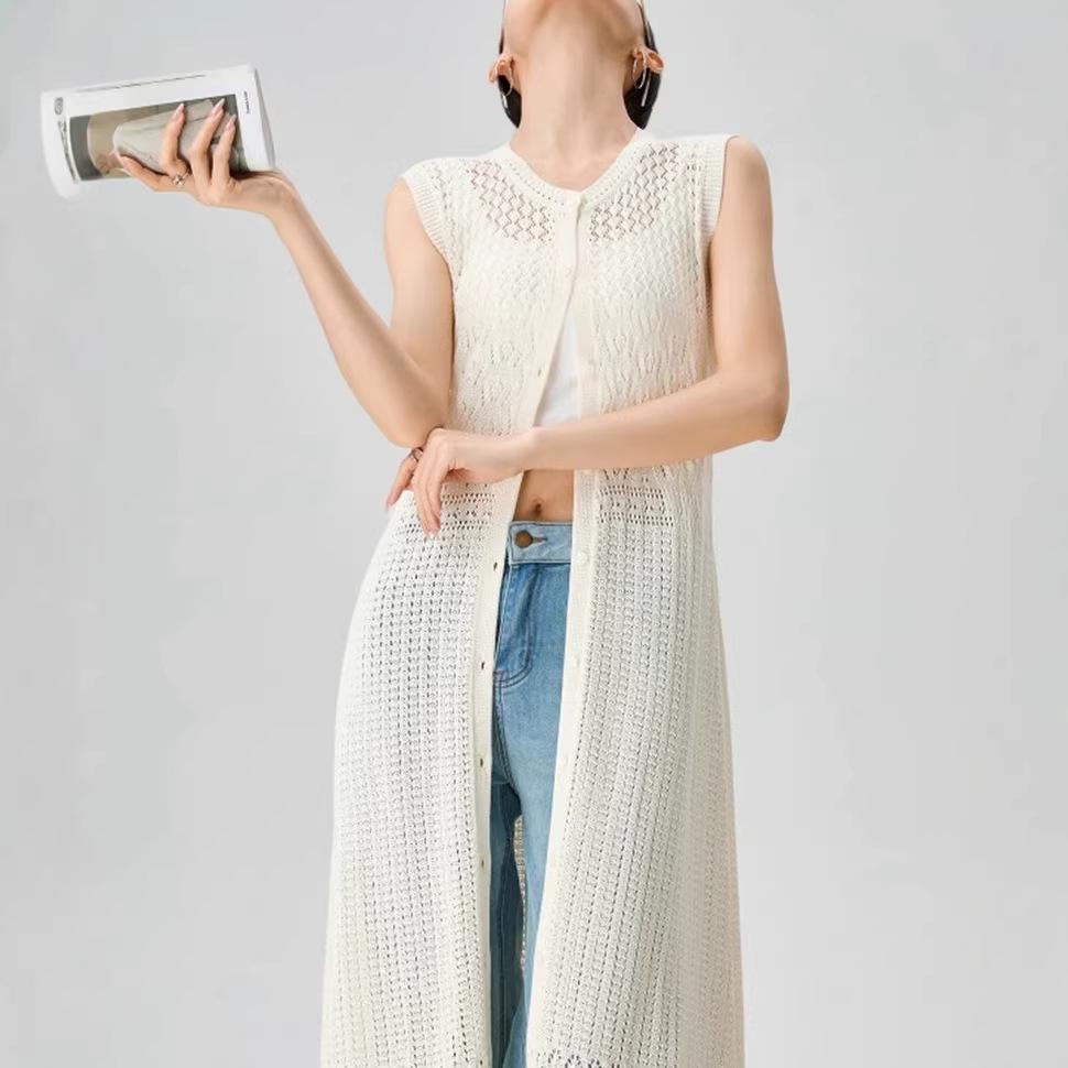 French White Sleeveless Summer Knit Cardigan & Sunscreen Cover-Up Dress