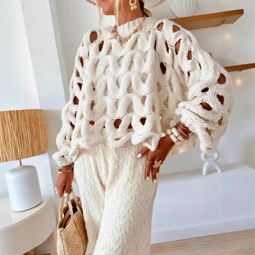 Women's Casual Solid Color Beach Crochet Long Sleeve Sweater Pullover