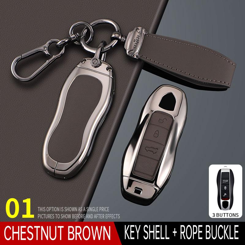 AABKU1 Zinc Alloy + PU Leather Car Key Case Cover Keychain For Porsche Panamera Spyder Carrera Macan Boxster Cayman Cayenne 911 970 981