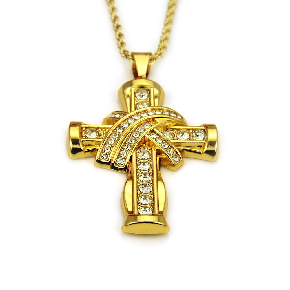Men's Diamond-Studded 3D Cross Pendant Necklace - European & American Hip-Hop Style