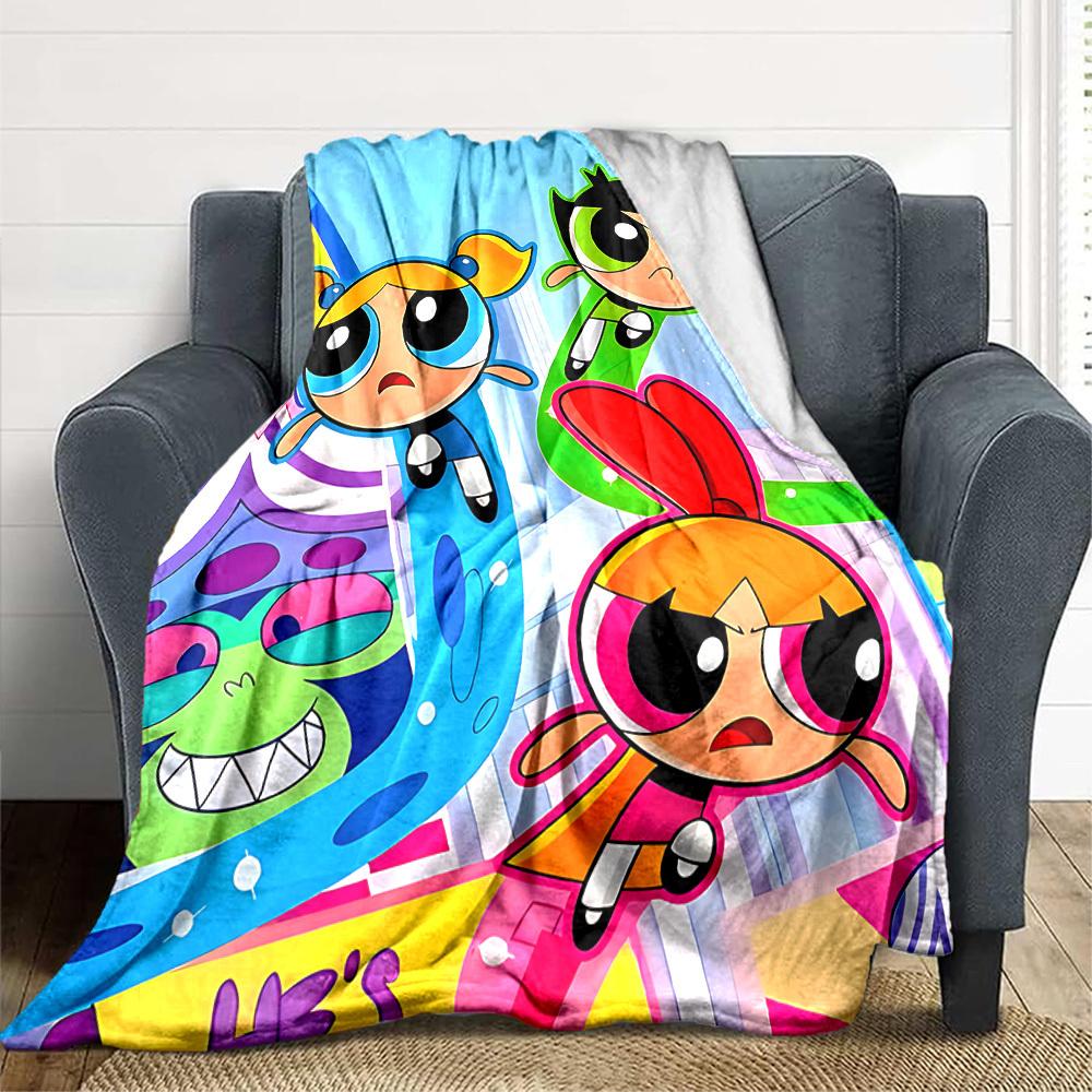 1pc Powerpuff Girls Flannel Throw Blanket - HD Printed Lightweight Soft Warm All-Season Blanket for Sofa, Bed, Travel, Camping - Machine Washable010