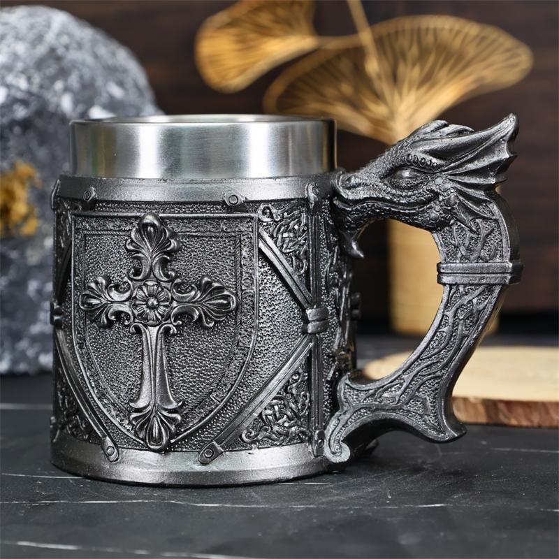 Medieval Knight Beer Mug With Dragon Handle Retro Style Stainless Steel Liner Large Capacity Tankard For Men Gifts