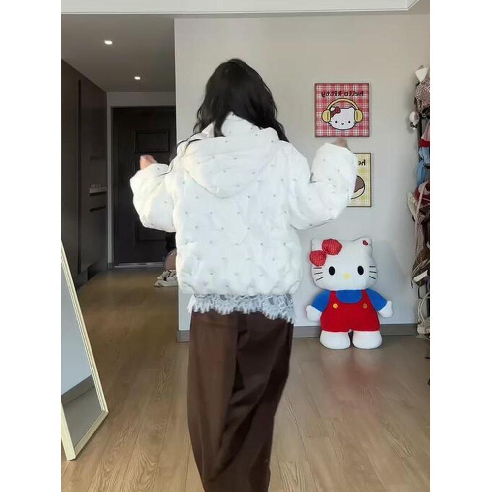 Sweet polka dot floral cotton-padded jacket women's winter bow warm bread jacket thickened cotton-padded jacket