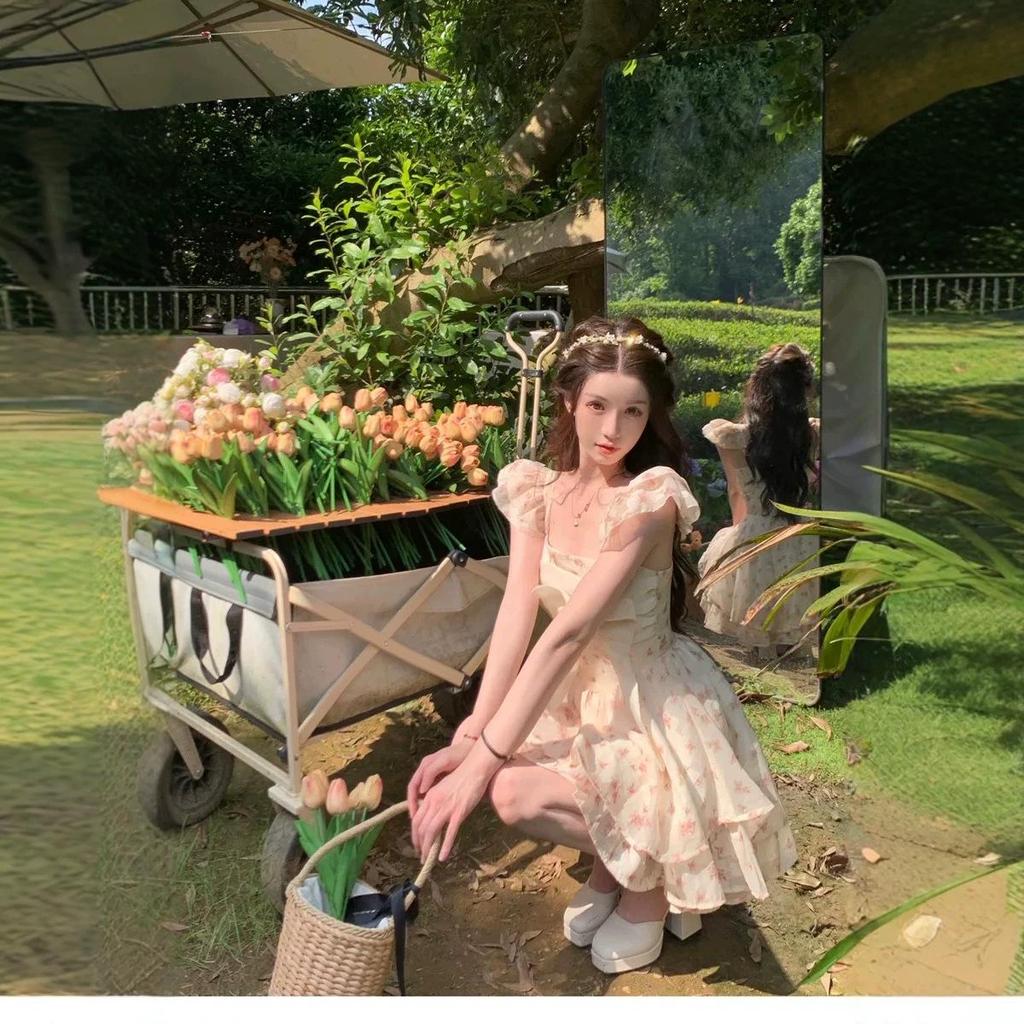 2026 Floral Off-Shoulder Puff Sleeve Spring/Summer Dress for Women - Slimming, Waist-Cinched, Short Sleeves, Sweet Super Fairy Style